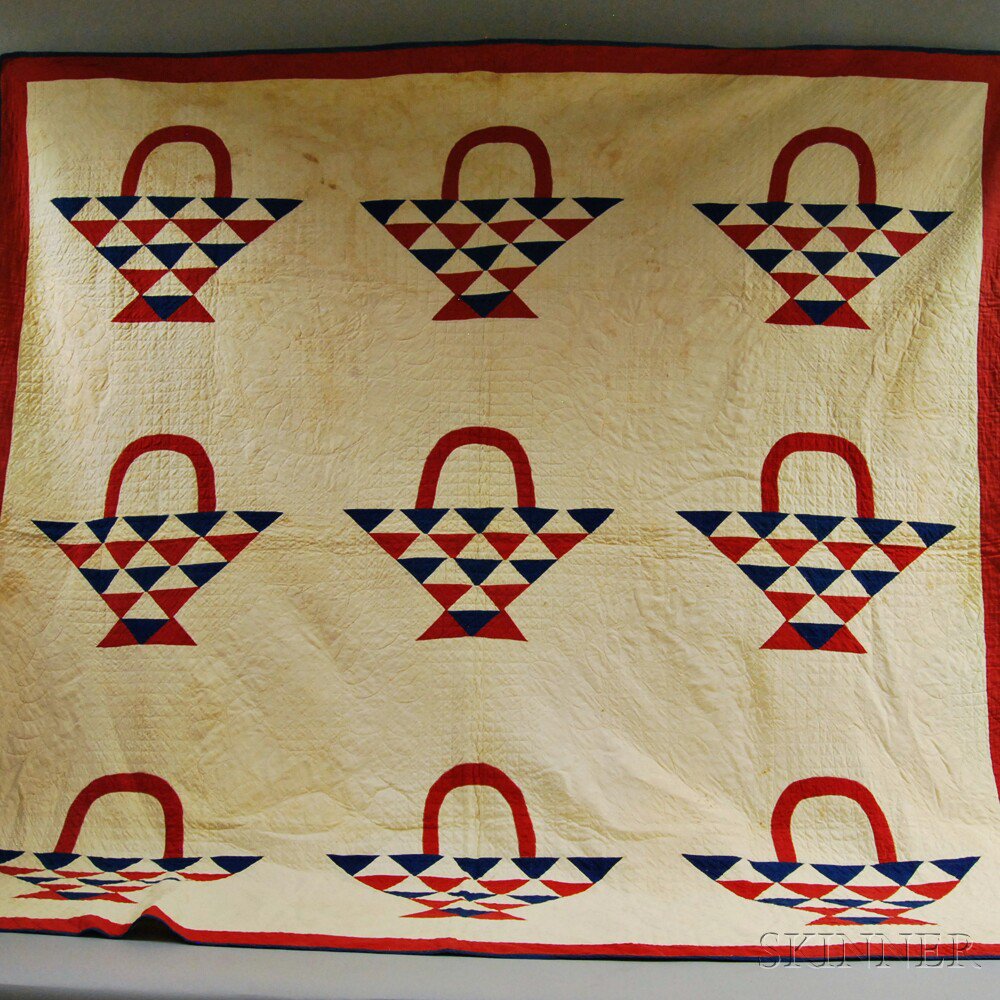 Appraisal: Red White and Blue Pieced Cotton Basket Quilt late th