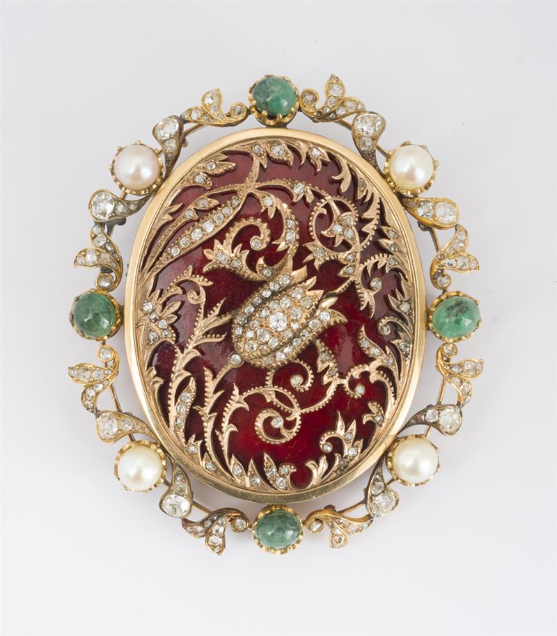 Appraisal: K YELLOW GOLD ENAMEL PEARL DIAMOND AND EMERALD BROOCH Set