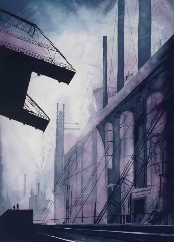 Appraisal: EARLE Eyvind American - ''Factory'' Aquatint '' x '' pencil