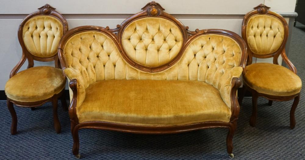 Appraisal: Victorian Walnut Gold Velvet Upholstered Settee and Pair Chairs