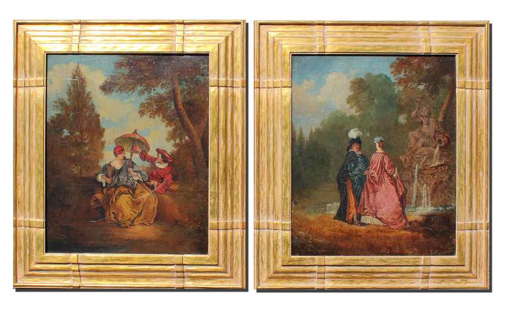 Appraisal: PAIR OF TH CENTURY GENRE PAINTINGS Oils Canvas depict courting