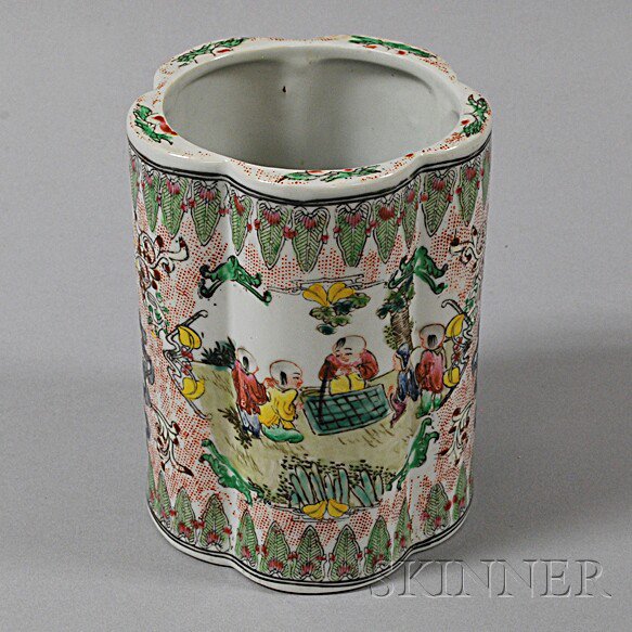 Appraisal: Famille Verte Brush Pot China Republic Period lobed form decorated