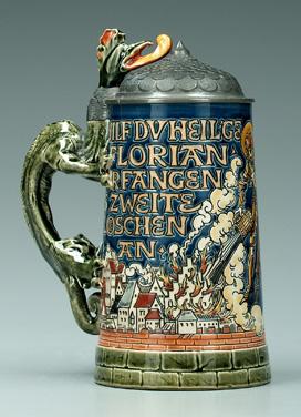 Appraisal: Mettlach stein incised decoration with village scene St Florian dragon