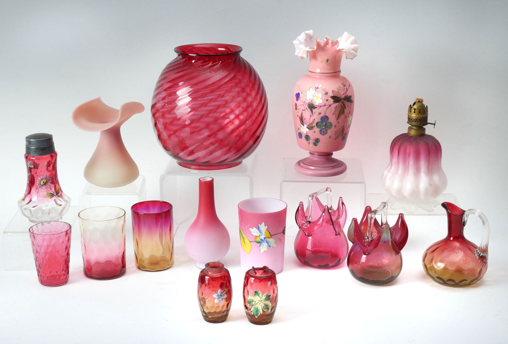 Appraisal: PC VICTORIAN CRANBERRY GLASS COLLECTION Including Cups Vases Enameled salt