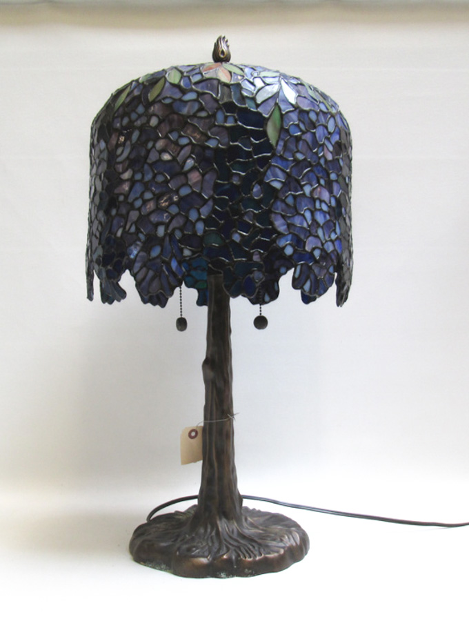 Appraisal: TIFFANY INSPIRED STAINED AND LEADED GLASS LAMP wisteria pattern shade