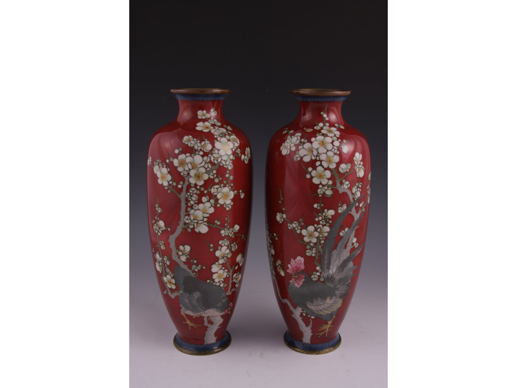 Appraisal: Pair of Cloisonne Hen Rooster Vases Japanese early th century