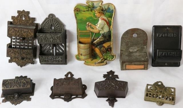 Appraisal: NINE TIN AND CAST IRON MATCH HOLDERS CA LATE TH