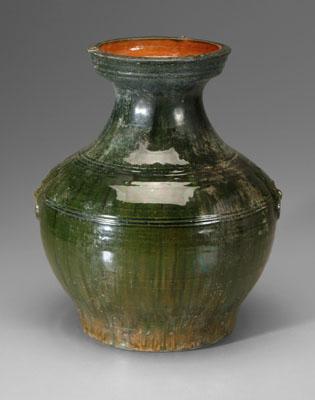 Appraisal: Chinese hu vase olive green glaze neck with triangle border