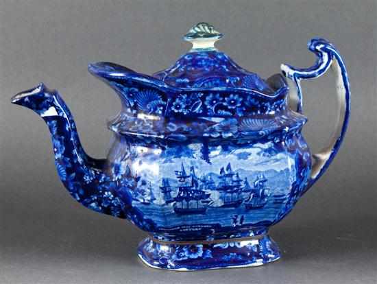 Appraisal: Staffordshire historic blue transfer earthenware teapot ''Commander MacDonnough's Victory'' first