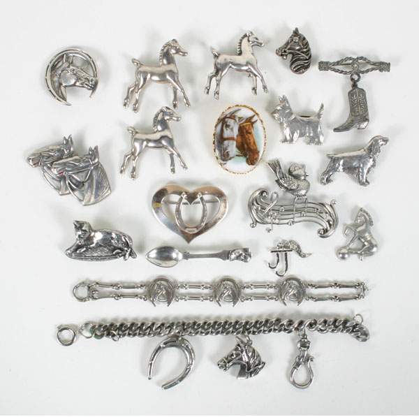 Appraisal: Vintage sterling and silver figural jewelry pc assortment including horse