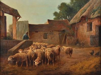 Appraisal: L Richards British School th Century Farmyard with sheep Oil