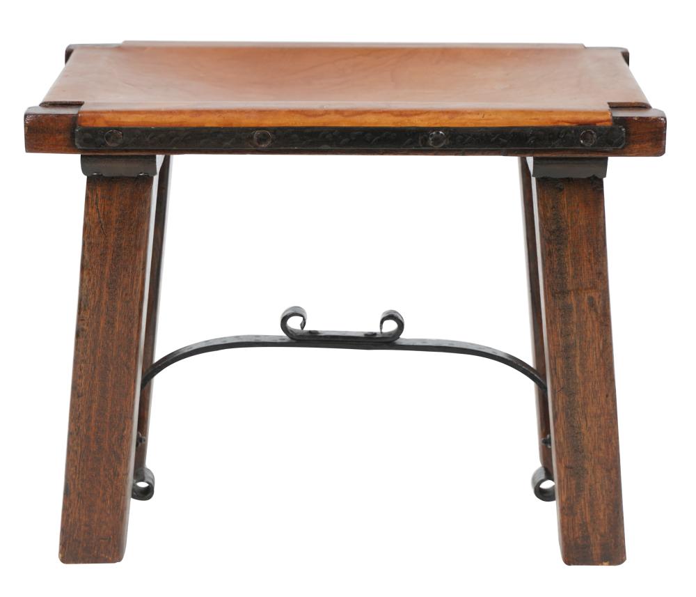 Appraisal: OAK AND WROUGHT IRON BENCHwith a leather seat iron hardware