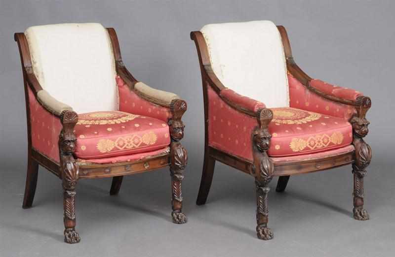 Appraisal: PAIR OF REGENCY STYLE CARVED MAHOGANY ARMCHAIRS Each with padded