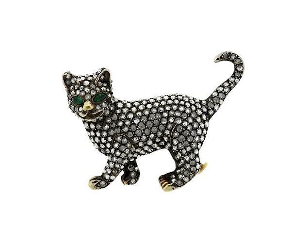 Appraisal: K Gold Sterling Silver Diamond Emerald Cat Brooch Pin METAL