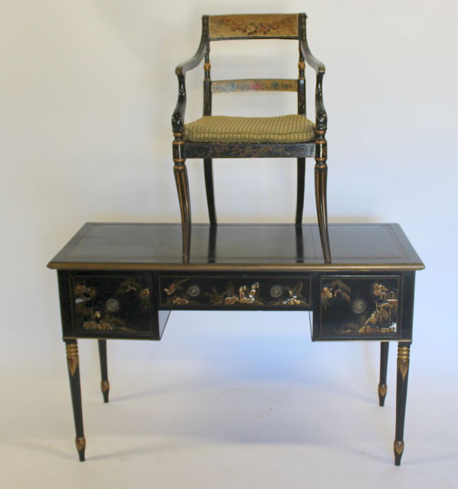 Appraisal: Sheraton Decorated Black and Gold Writing Table Together with Chair