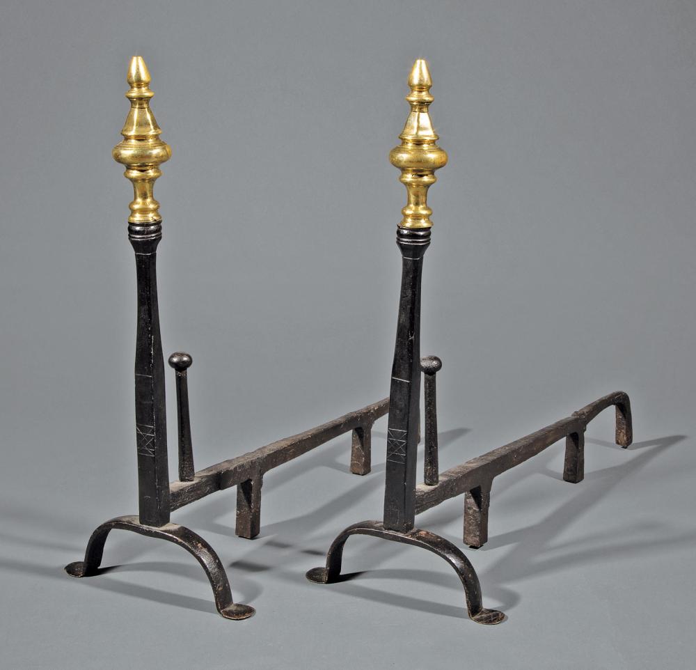 Appraisal: Pair of English Brass and Wrought Iron Andirons th c