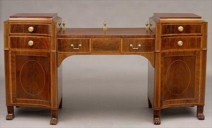 Appraisal: Regency Inlaid and Carved Mahogany Two-Pedestal Sideboard x ft in