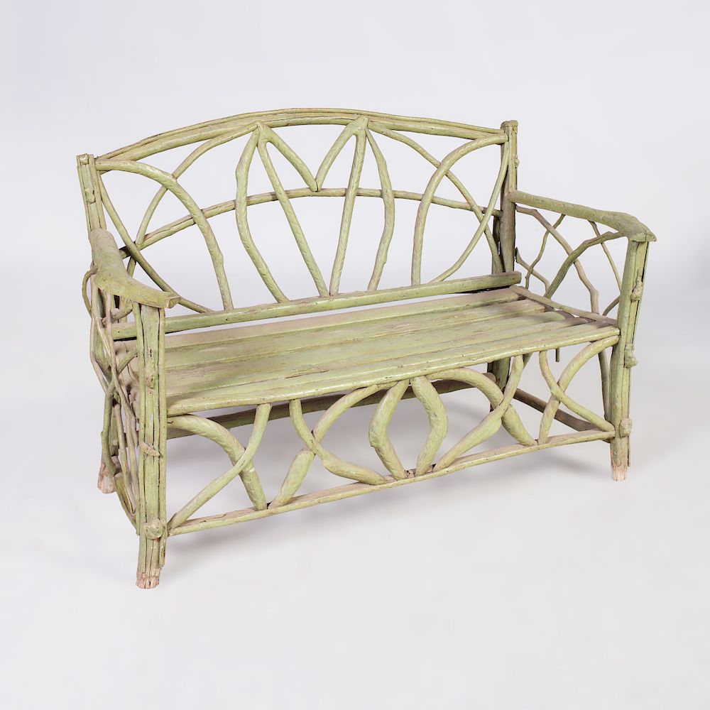 Appraisal: Green Painted Wood Twig-Form Garden Bench x x in Condition