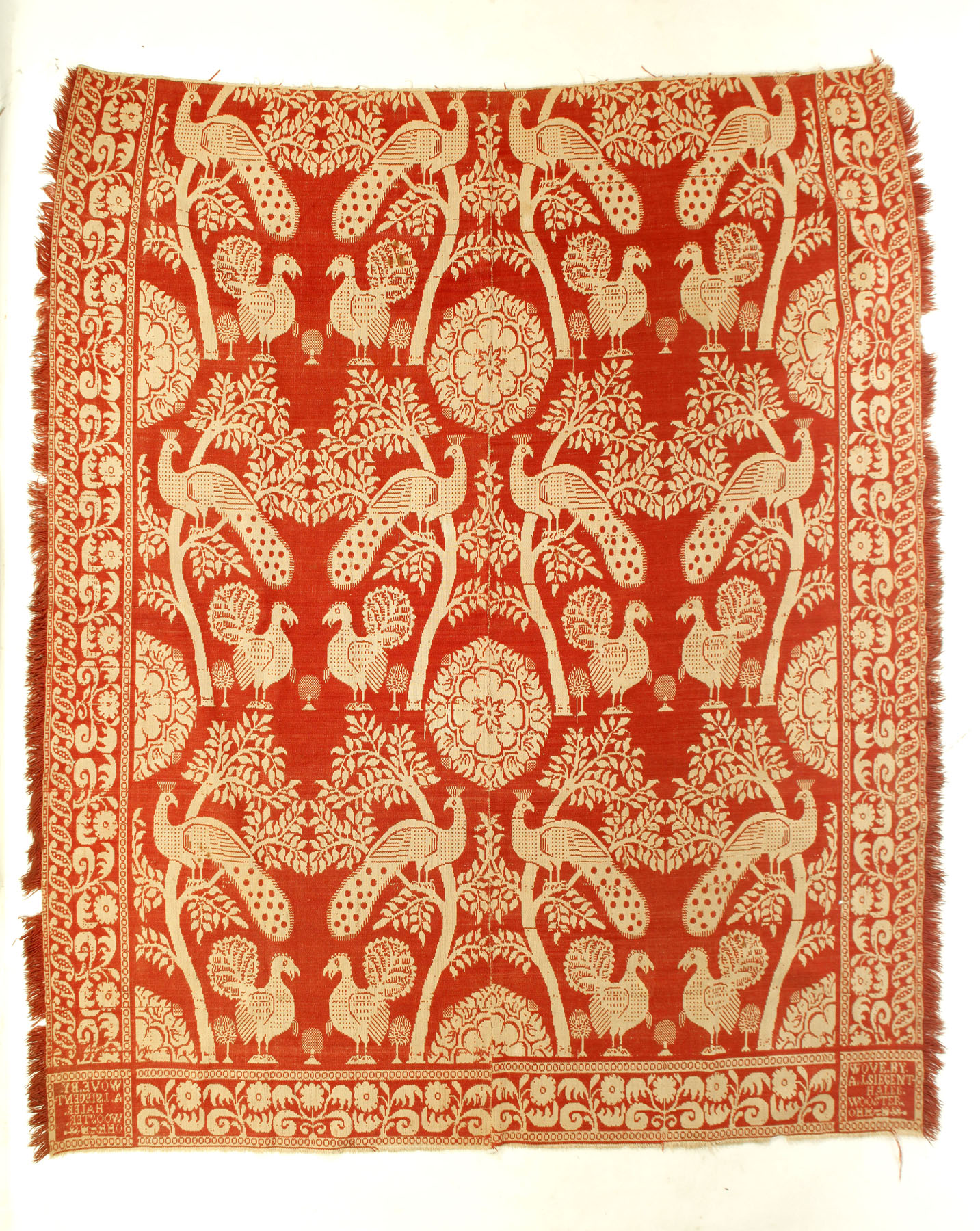 Appraisal: OHIO JACQUARD COVERLET Tomato red and natural with roosters and