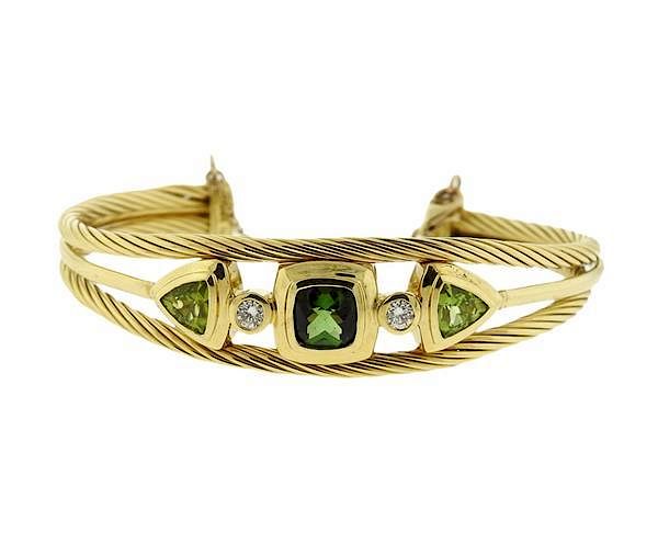 Appraisal: David Yurman K Gold Diamond Green Gemstones Cuff Bracelet METAL