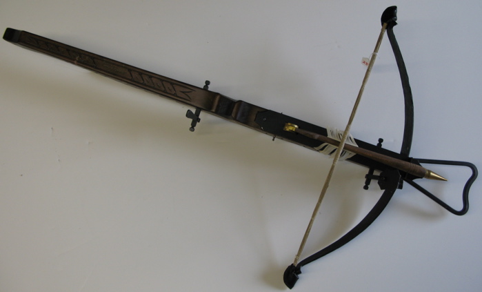 Appraisal: REPRODUCTION MIDIEVAL CROSSBOW forged iron bow heavy carved hardwood stock