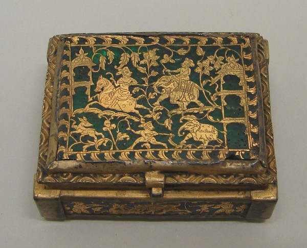 Appraisal: Small box features Asian scene with elephants horses people emerald