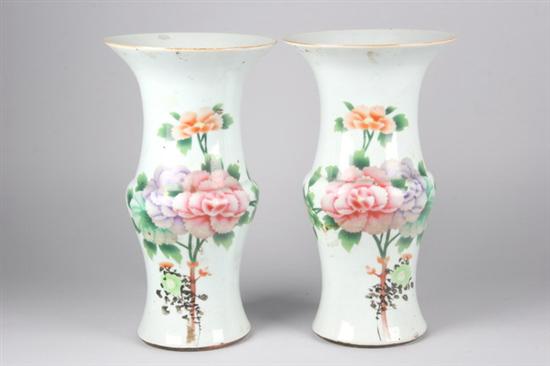 Appraisal: PAIR CHINESE FAMILLE ROSE PORCELAIN VASES Floral and calligraphy decoration