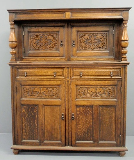 Appraisal: Jacobean style oak court cupboard two-part h x w x