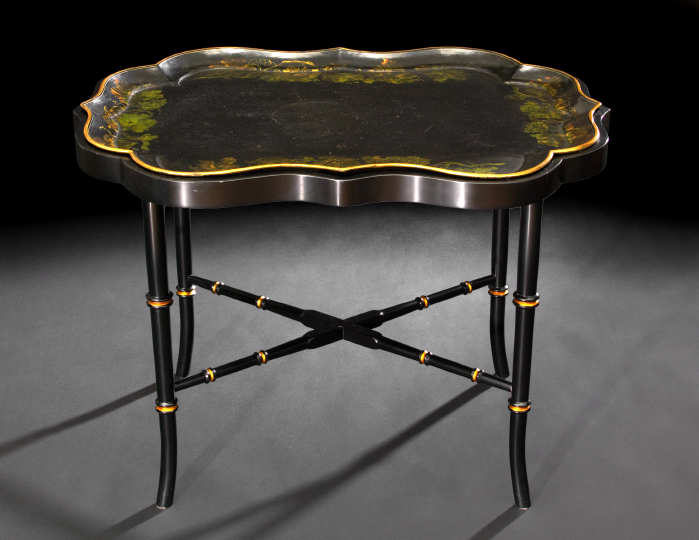 Appraisal: Victorian Black-Lacquered Papier-Mache Tray third quarter th century of scalloped