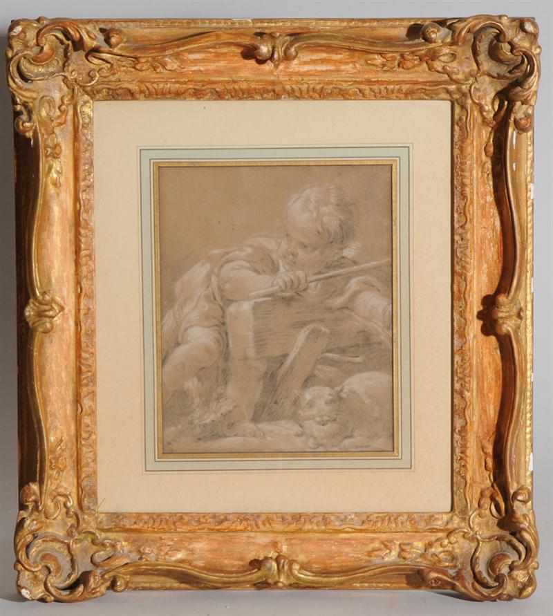 Appraisal: CIRCLE OF FRANCOIS BOUCHER CHILD WITH CAT Black chalk heightened