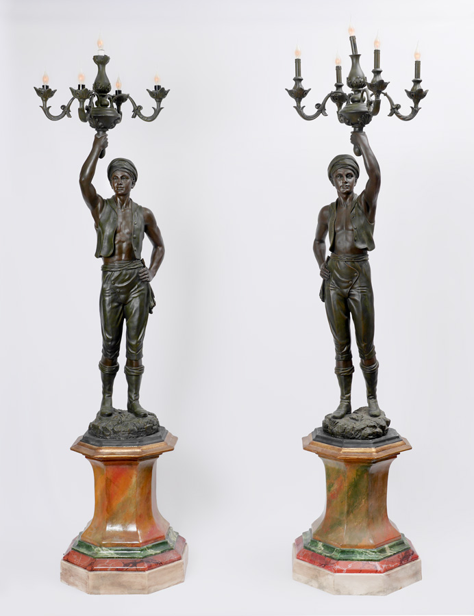 Appraisal: PAIR BLACKAMOOR TORCHIERE FLOOR LAMPS th Century composite construction molded