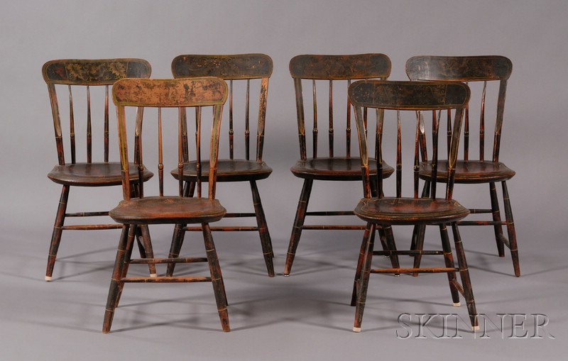 Appraisal: Set of Six Paint-decorated and Gilt-stenciled Side Chairs New England