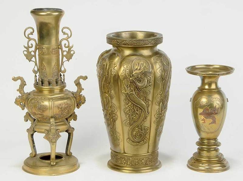 Appraisal: Three Asian Brass Vases th century comprising Chinese with six