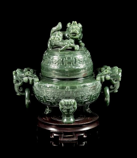 Appraisal: A Spinach Jade Tripod Censer Height inches A Spinach Jade