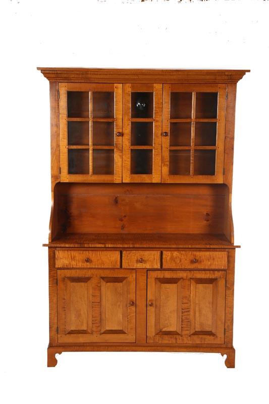 Appraisal: CUPBOARD American th century curly maple pine secondary Two-piece with