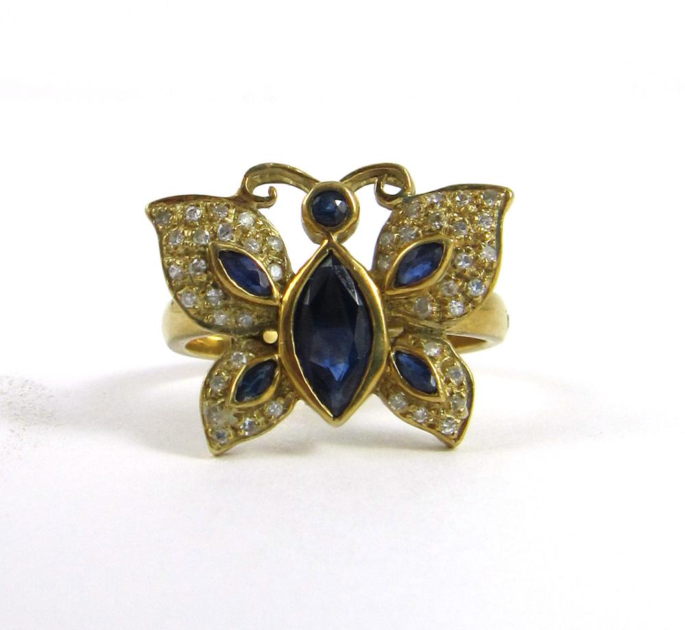 Appraisal: DIAMONDS BLUE SAPPHIRES AND EIGHTEEN KARAT GOLD BUTTERFLY RING Gross