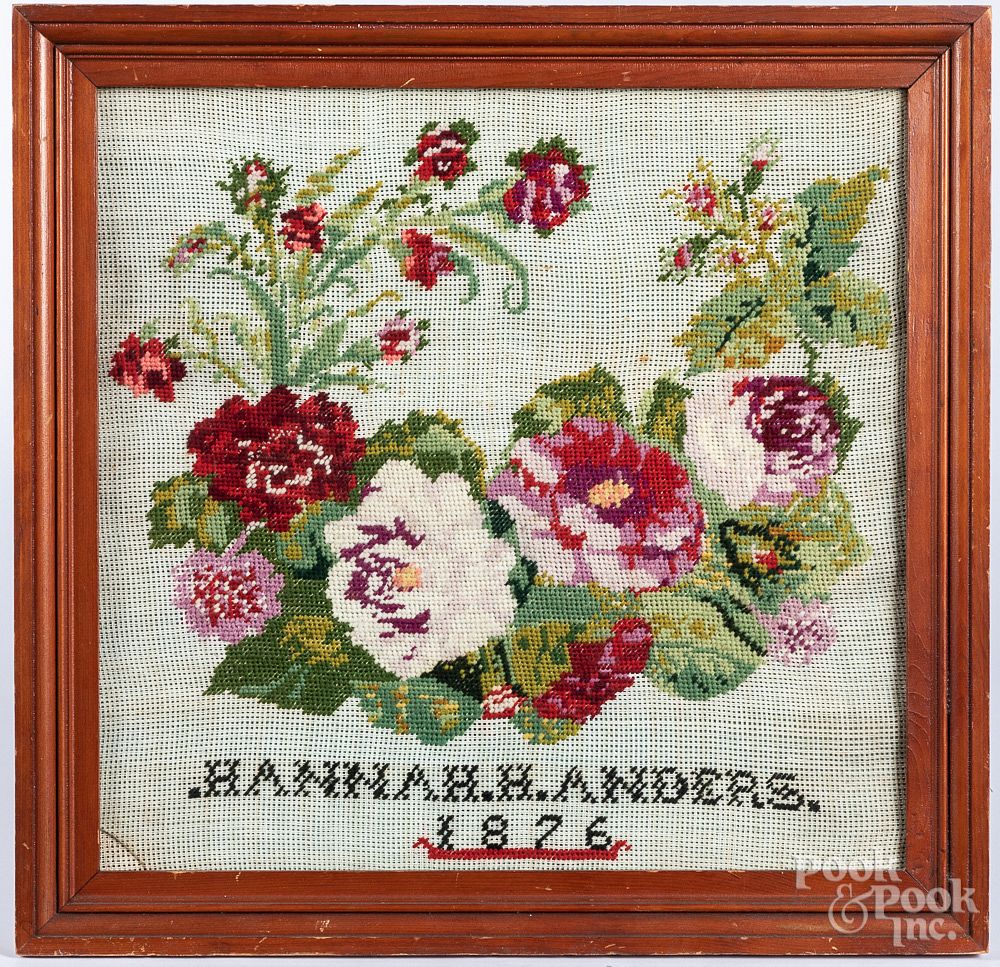 Appraisal: Pennsylvania floral needlework dated Pennsylvania floral needlework dated wrought by