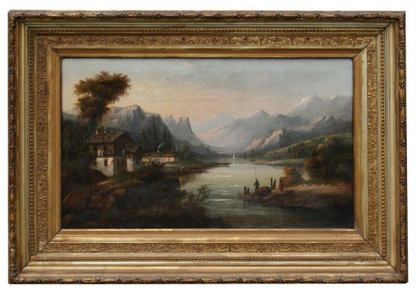 Appraisal: HYPOLITE S French th C Swiss River Valley scene OIL