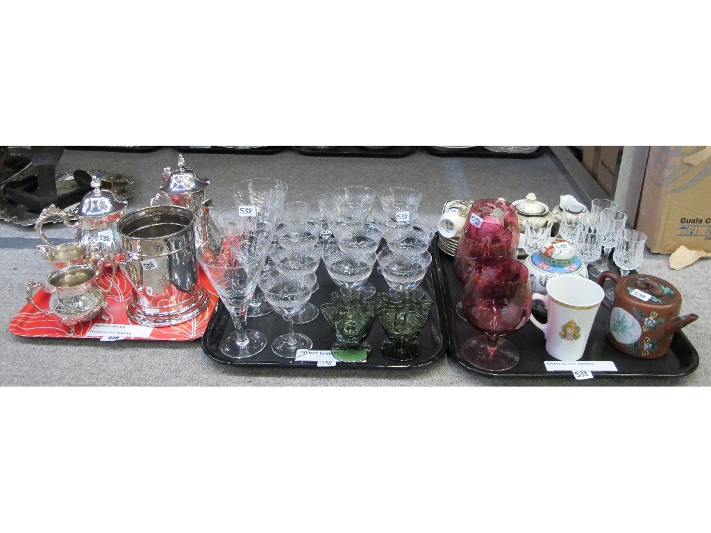 Appraisal: Three tray lots to include EPNS drinking glasses Chinese teapot