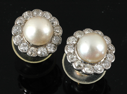 Appraisal: A pair of cultured pearl and diamond cluster earrings Each