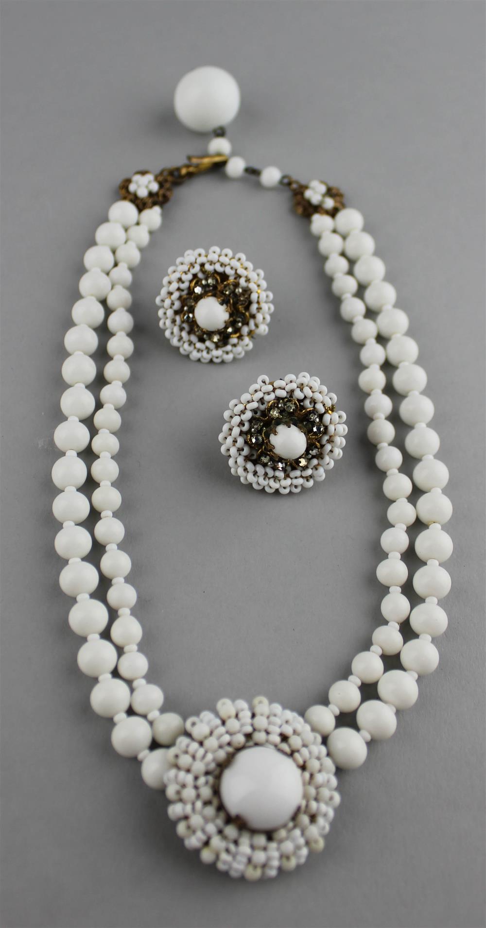 Appraisal: MIRIAM HASKELL WHITE BEADED NECKLACE AND MATCHING EARRINGS SET all