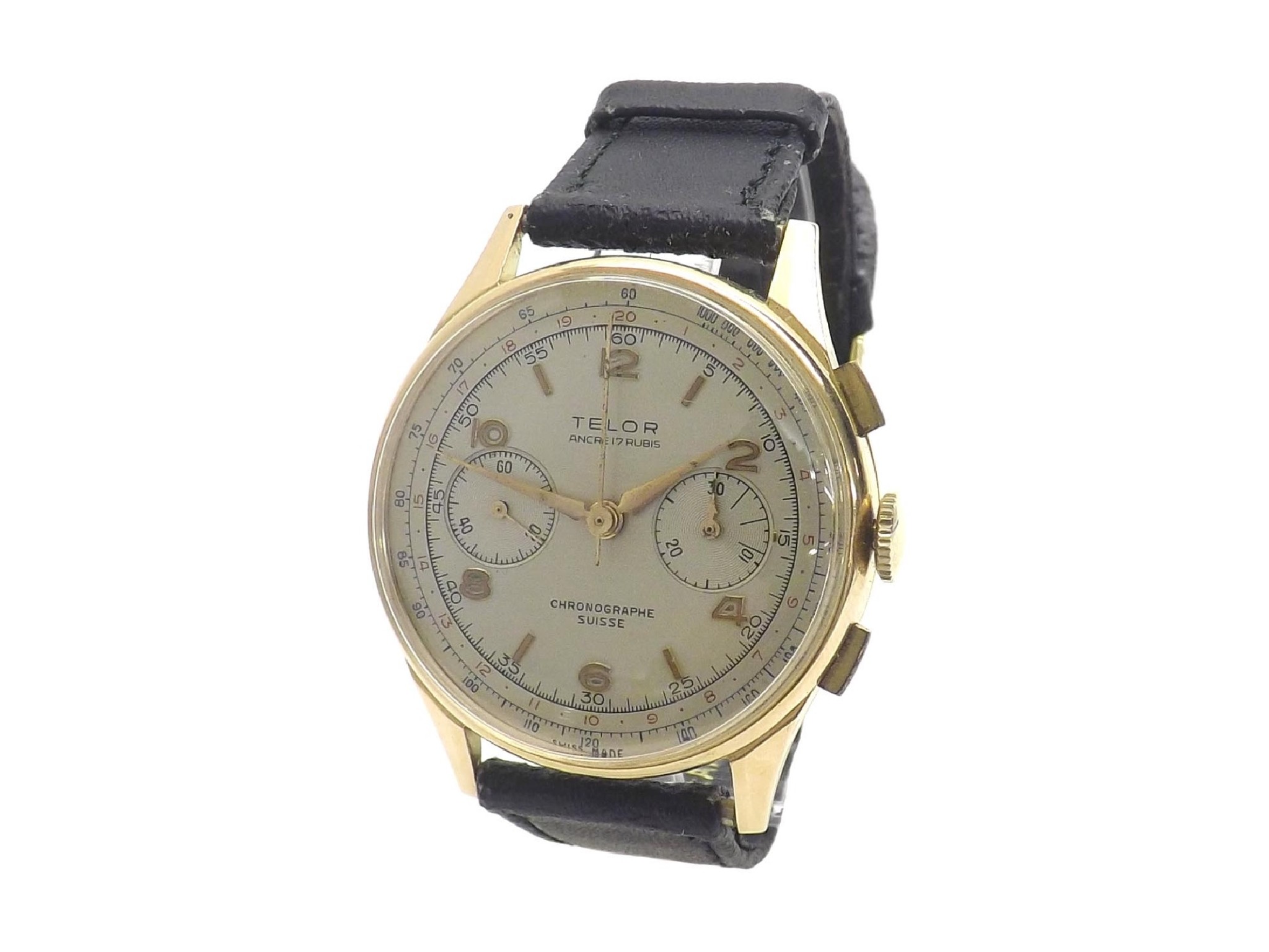 Appraisal: Telor Suisse Chronograph k gentleman's wristwatch silvered dial with Arabic