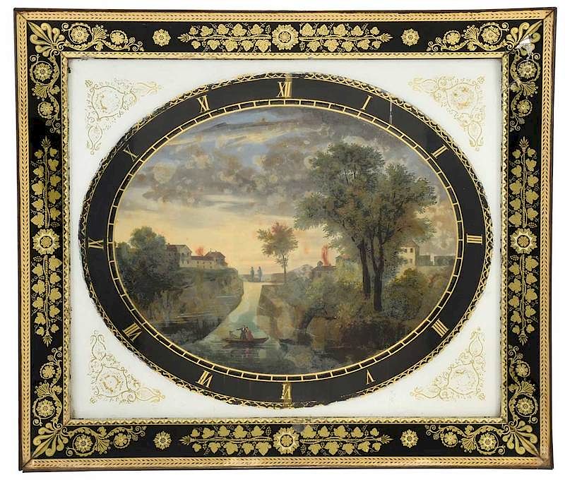 Appraisal: Unusual Framed glomis Painted Clock Continental th century reverse glass