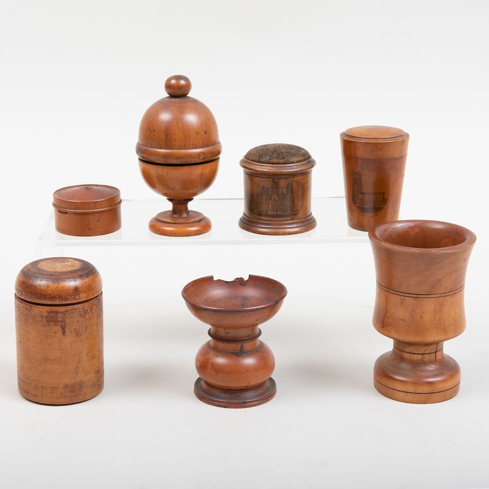 Appraisal: Group of Seven Treen Articles Comprising A circular box with