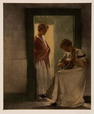 Appraisal: PETER ILSTED Two Young Girls in a Doorway Color mezzotint