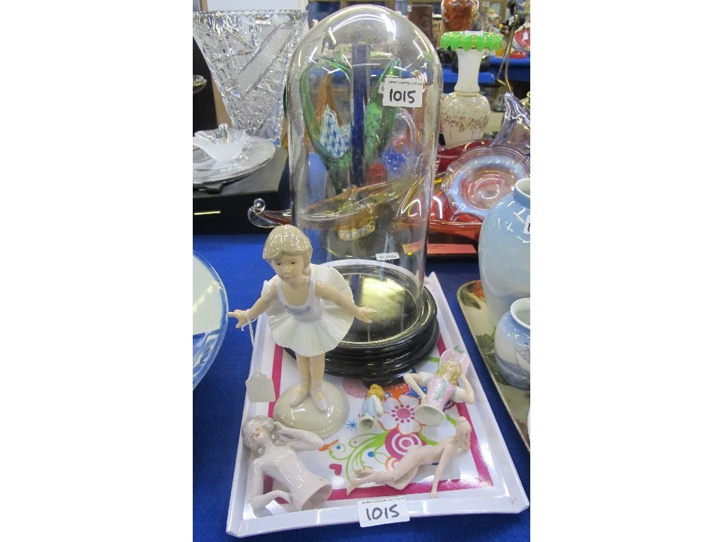 Appraisal: Glass dome and stand bisque piano doll three half dolls