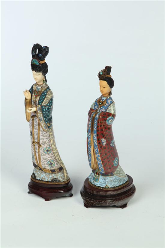 Appraisal: TWO CLOISONNE FIGURES China th century Two women with cloisonne