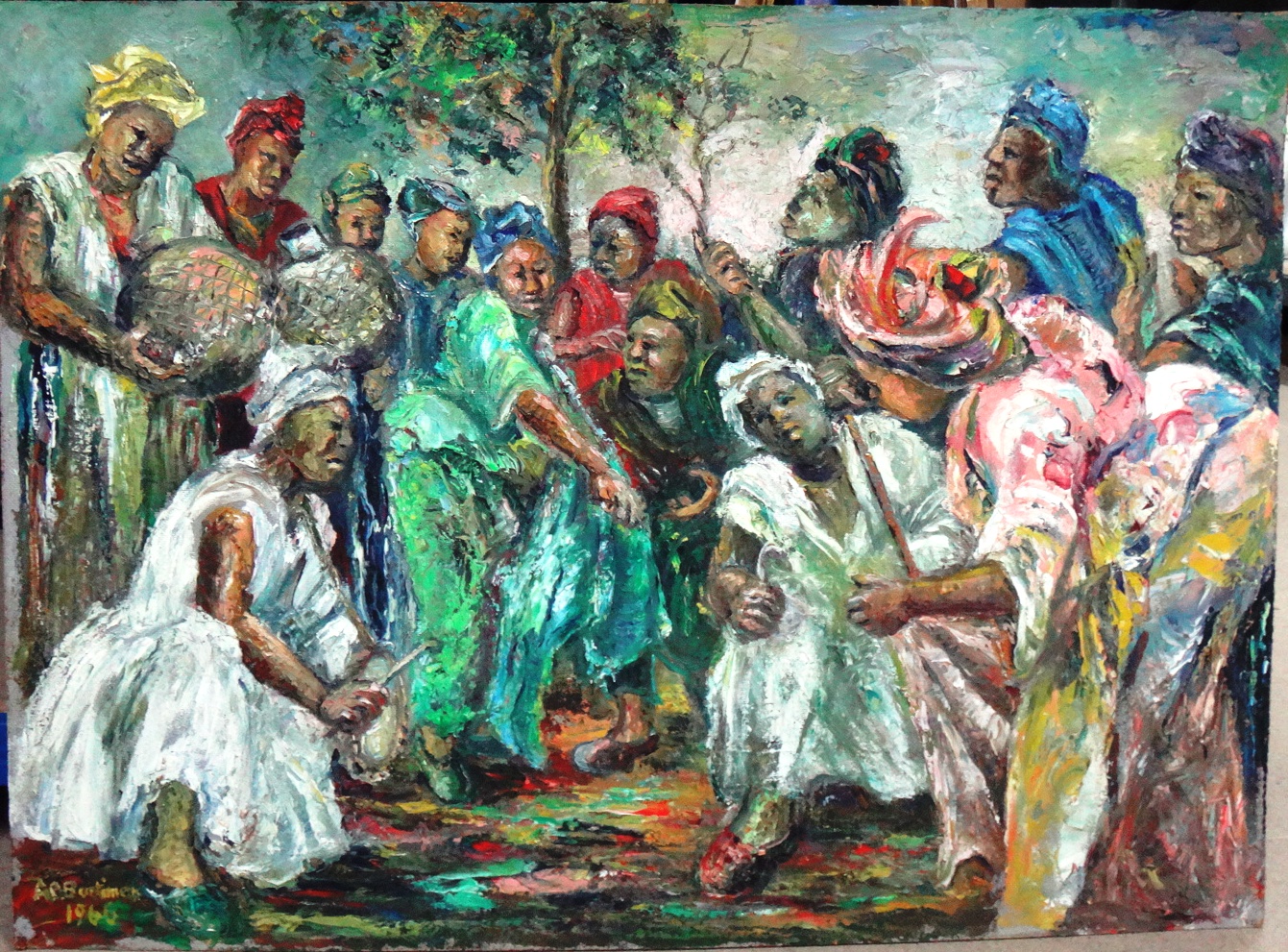 Appraisal: Albert Osabu Bartimeus b Native figure group oil on board