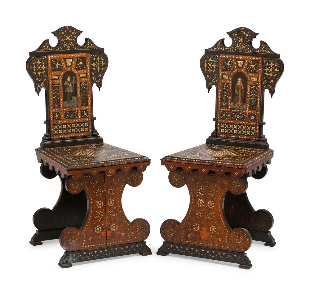 Appraisal: A Pair of Northern Italian Bone Inlaid Hall Chairs A