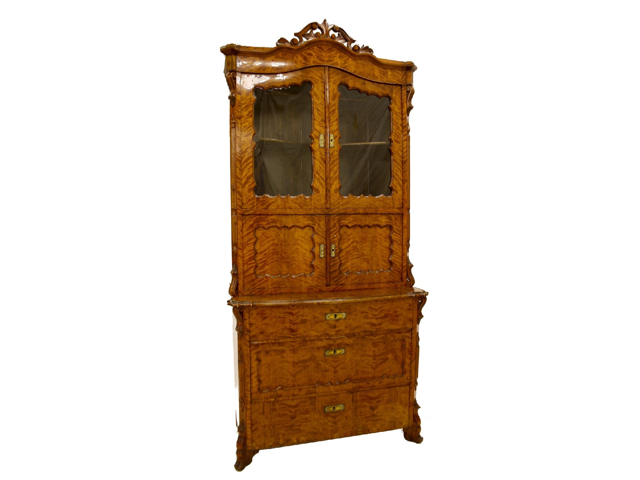 Appraisal: Attractive Biedermeier th century bookcase with carved arched pediment over